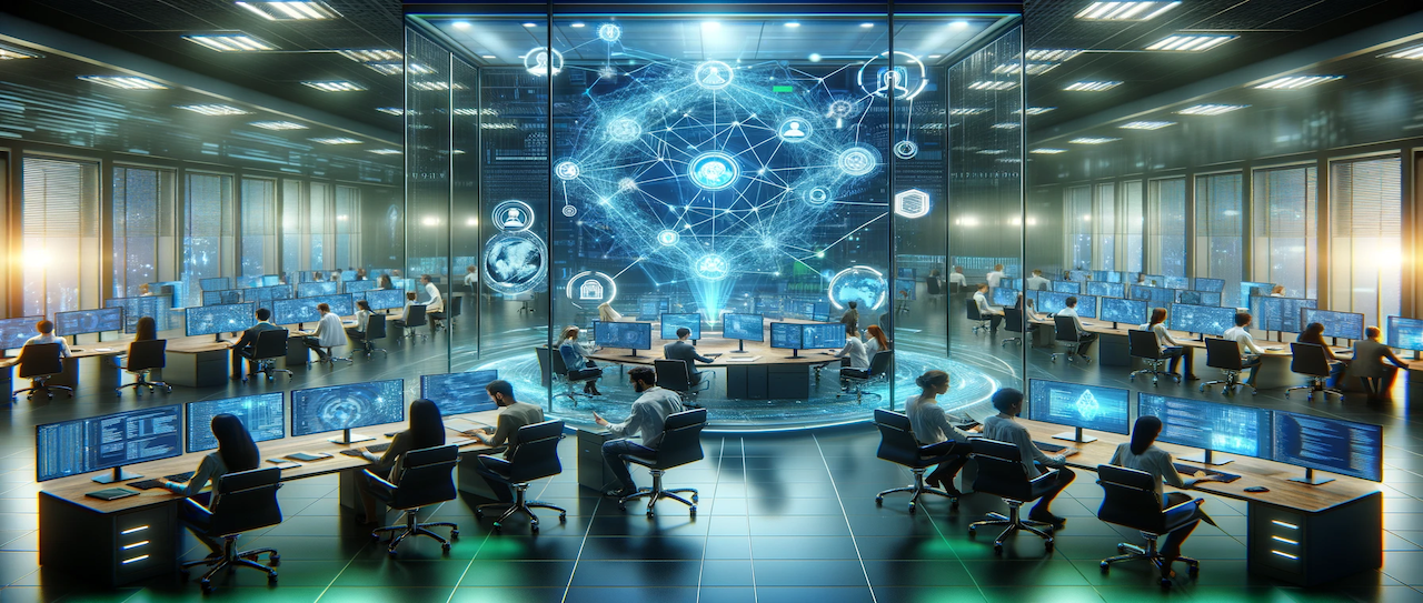 Imagine-a-futuristic-federated-information-technology-space.-The-central-focus-is-a-large-holographic-display-showing-interconnected-nodes-symbolizi_20231104-174309_1