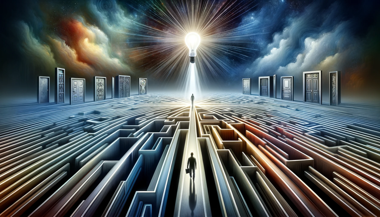 DALLE-2023-11-04-14.45.30---Envision-an-abstract-representation-of-decision-insight-in-a-wide-format.-At-the-center-there-is-a-human-figure-standing-at-a-crossroads-the-figure-