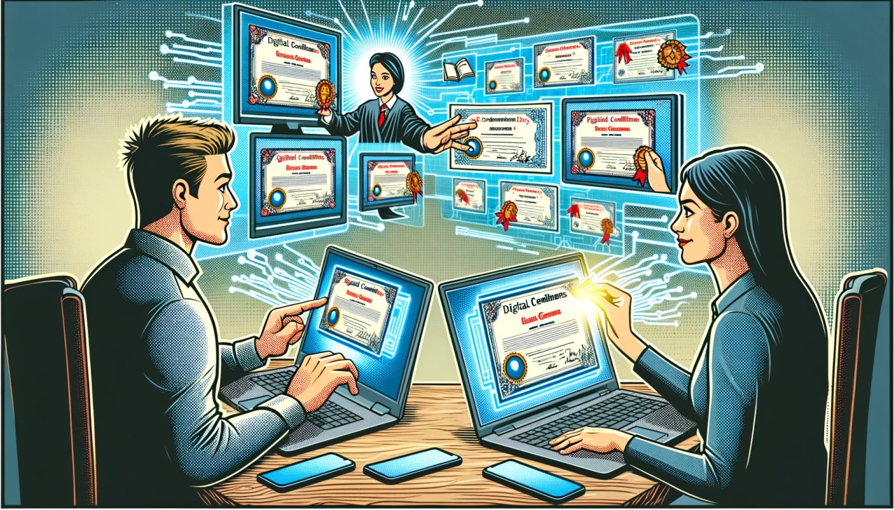 DALLE-2024-04-17-10.03.35---A-comic-strip-style-graphic-showing-two-people-exchanging-digital-credentials-via-computers-to-verify-a-persons-academic-achievements.-The-scene-depi