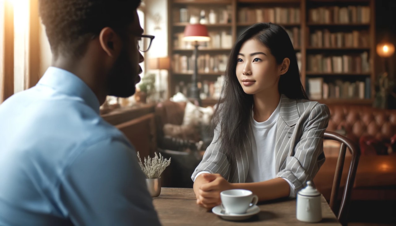 DALLE-2024-05-04-13.03.11---A-scene-depicting-one-person-a-young-Asian-woman-with-long-black-hair-and-wearing-a-business-casual-outfit-attentively-listening-to-another-person-